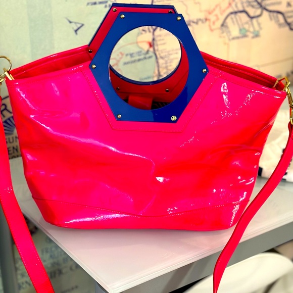 Jonathan Adler Handbags - Jonathan Adler Goldie Hex Patent Leather Tote/Bag Pink/Electric Blue